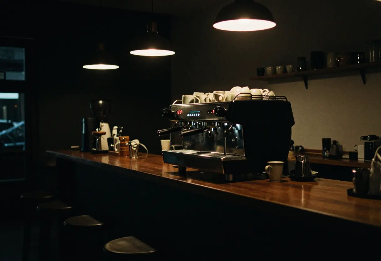 Balcão de café à noite, com a máquina de espresso e xícaras