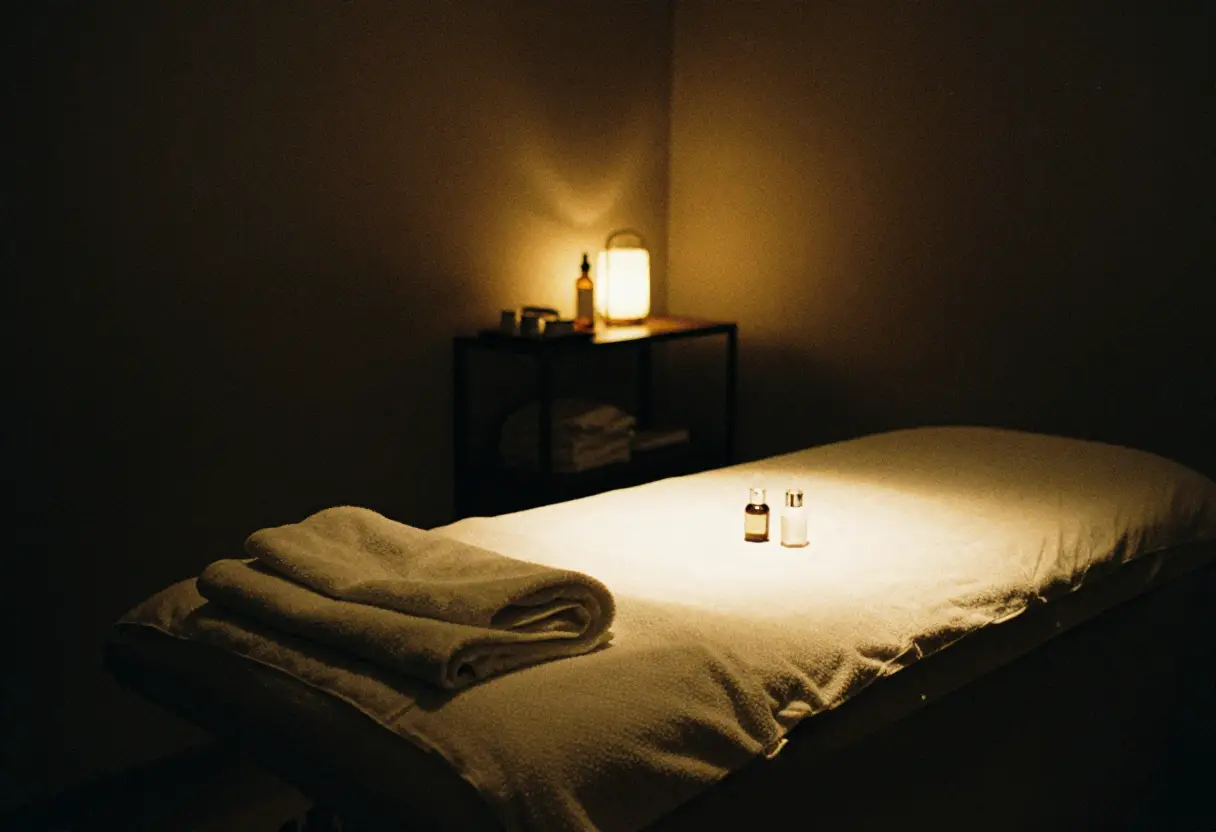 Sala de estética com maca e toalhas dobradas sob luz baixa